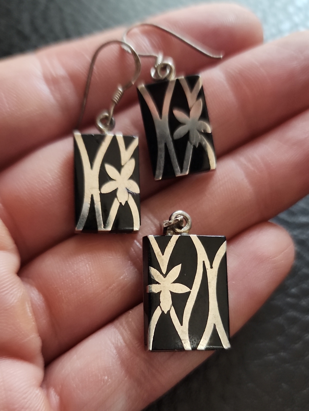 VTG Sterling & Black Onyx Floral Rectangle Earrings and Pendant Set